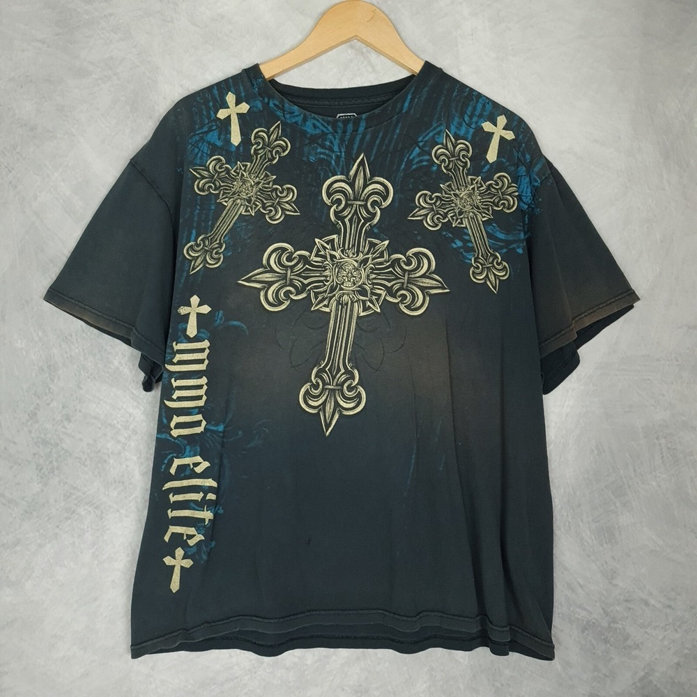 Y2K MMA Elite Shirt Mens XL Gray Celtic Cross Grunge Goth Emo Affliction Vibes